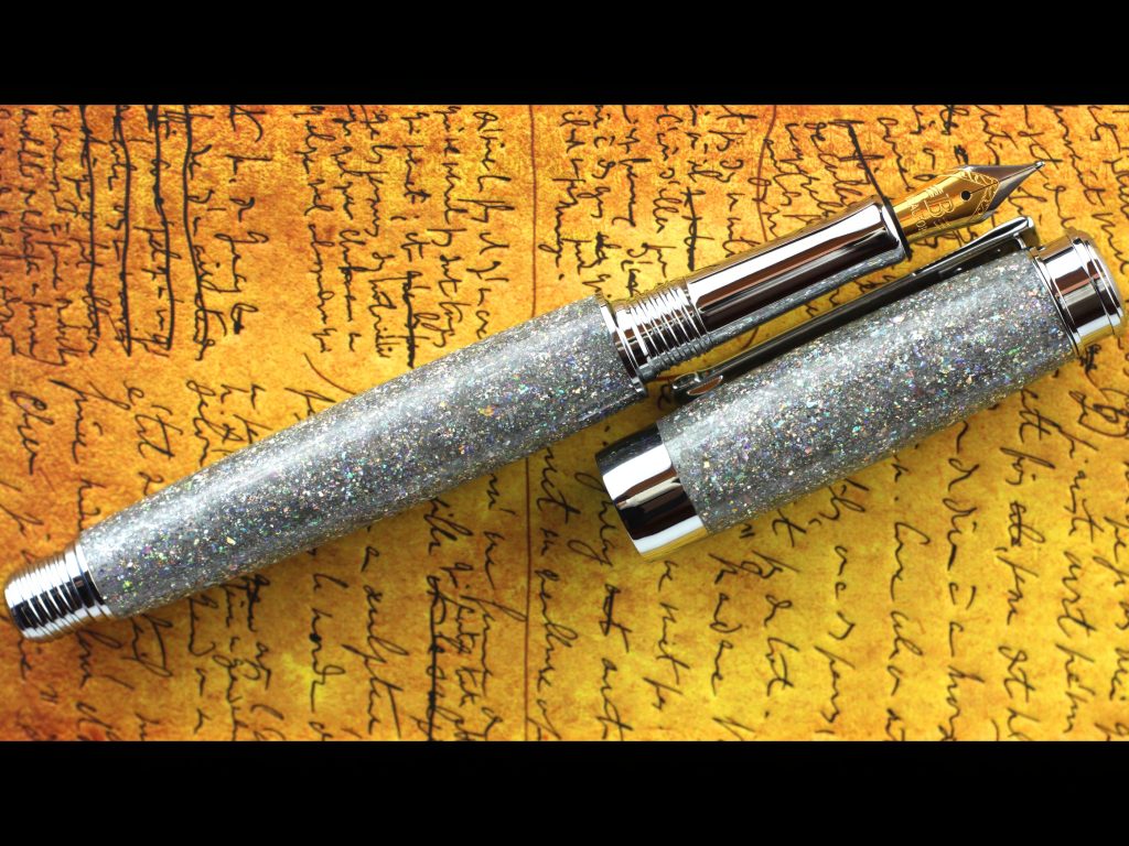 Fountain Pen - Engravable & Handmade Diamond Cast Silver Radiance Acrylic with tiny Diamonds - Beaufort 23K Gold Plated Bi-metal Size 5 Nib